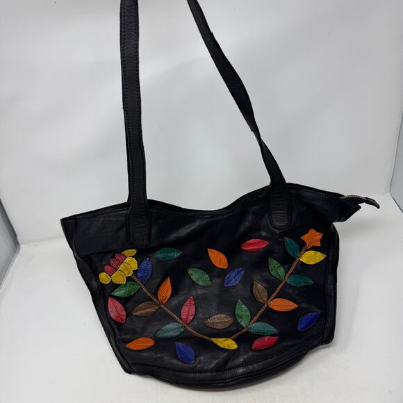 Belleza Mandova Black Leather Shoulder Bag Multicolor Leaf Appliqué - Picture 10 of 10